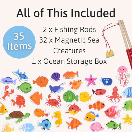 Set of fishing rods, magnetic sea creatures, and ocean storage box with item count on a white background. 
