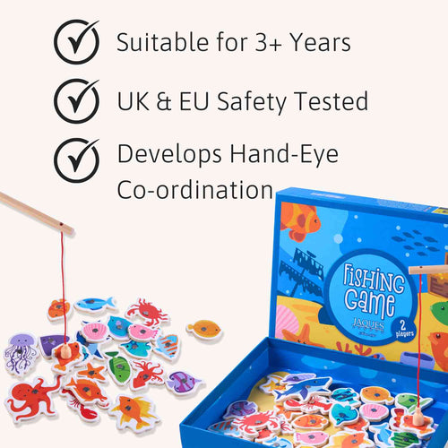 Fishing game with colourful magnetic fish and box, suitable for 3+ years, UK & EU safety tested, develops hand-eye coordination. 
