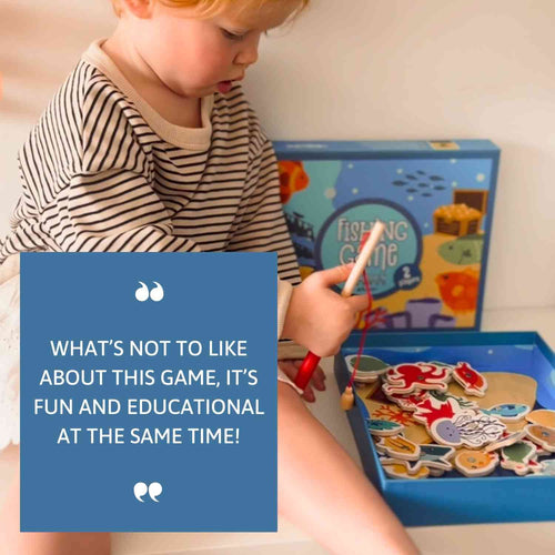 Child playing with a board game, with text overlay about the game's fun and educational nature. 