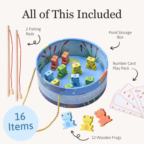 Flat lay of the frog fishing pond set showing all included pieces, including 12 wooden frogs, two fishing rods, number cards and storage bag, with “16 items” badge 