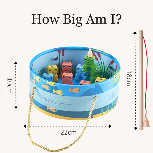 Size guide image of the blue frog fishing pond showing height and diameter measurements alongside a wooden fishing rod for scale 
