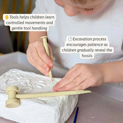 A child is shown using pale wooden toy excavation tools on a white rock model, with overlaid marketing text about helping children learn controlled movements and patience. 
