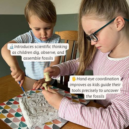 Two children, a boy in a blue striped shirt and a girl in a pink striped shirt with glasses, are shown digging and assembling fossils on a patterned mat over a wooden table. Text overlays describe the educational benefits of the activity. 