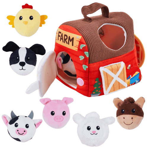 Plush farm-themed toy set with a barn-shaped house and farm animal faces on a transparent background. [fill]