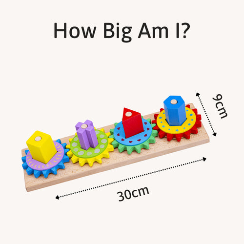 Jaques of London colourful wooden gear puzzle measuring 30cm long and 9cm high – perfect tabletop size for toddler play and learning. [filll]