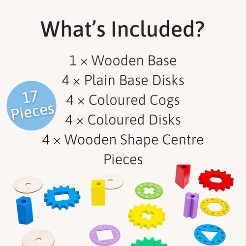 Jaques of London wooden gear puzzle set including 1 wooden base, 4 plain base disks, 4 coloured cogs, 4 coloured disks, and 4 wooden shape centre pieces – 17 pieces in total. [filll]