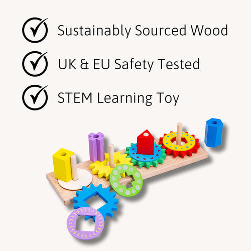 Jaques of London wooden gear puzzle toy made from sustainably sourced wood, UK and EU safety tested, and designed as a fun STEM learning toy. [filll]