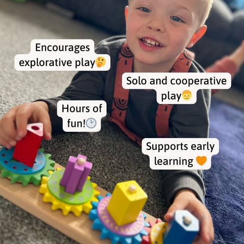 Little boy playing with Jaques of London wooden gear puzzle – encourages explorative play, solo or cooperative interaction, and hours of fun learning. [filll]