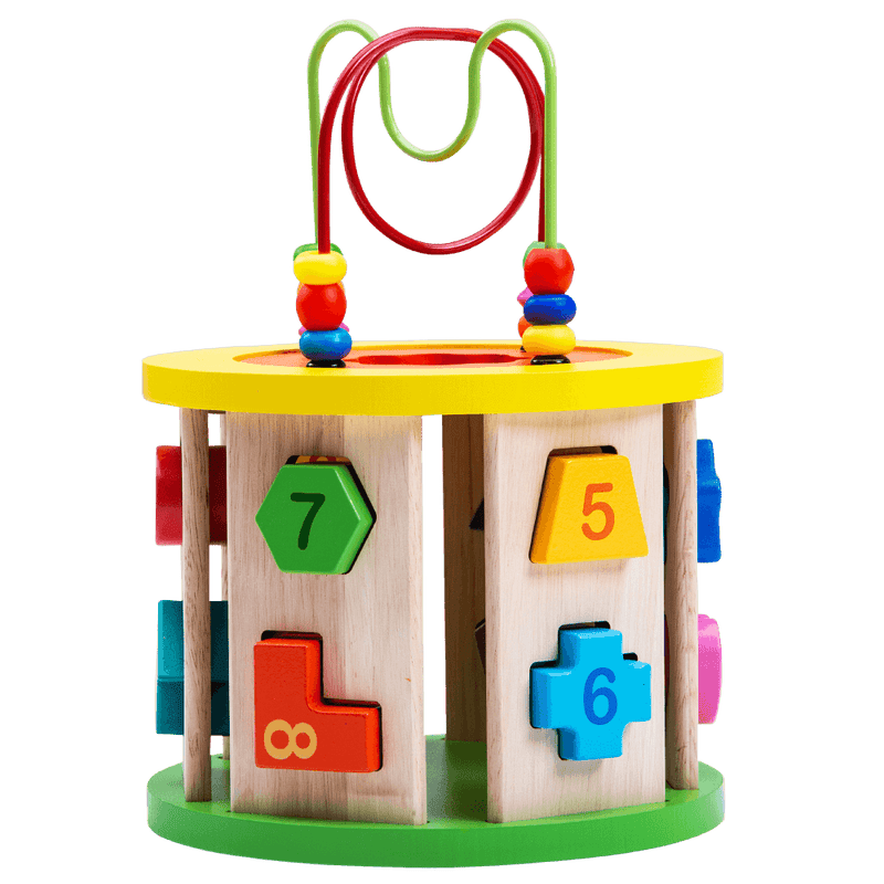 Colourful wooden activity cube shape sorter with bead maze on top