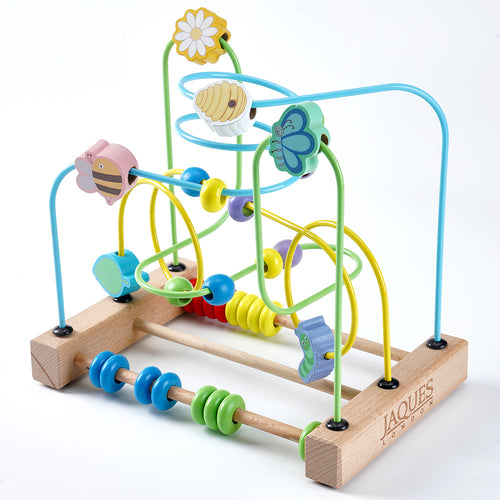 Colourful wooden bead maze toy with Jaques branding on a white background 