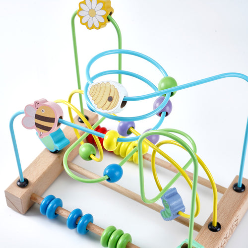 Colourful wooden bead maze toy with bee figures on a white background 