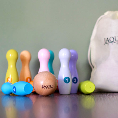 Colourful wooden baby skittles with bag 