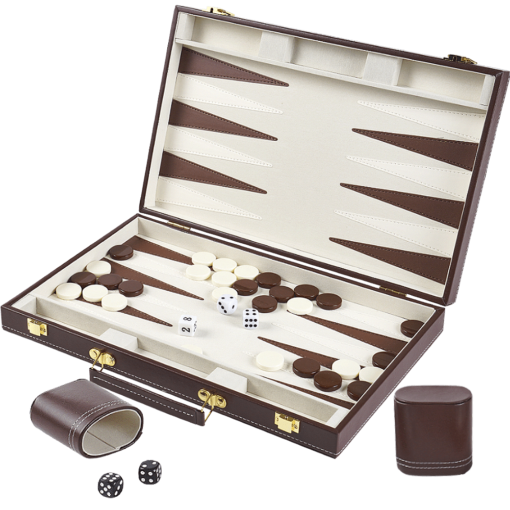 Backgammon set with pieces and dice on a white background 
