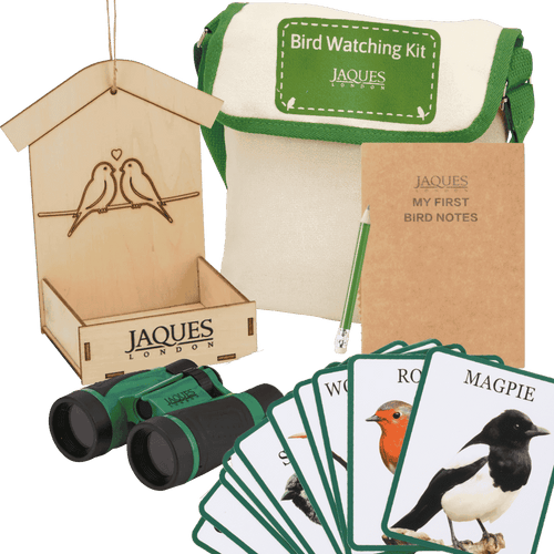 Bird watching kit with binoculars, birdhouse, notebook, and cards on a green background [fill]