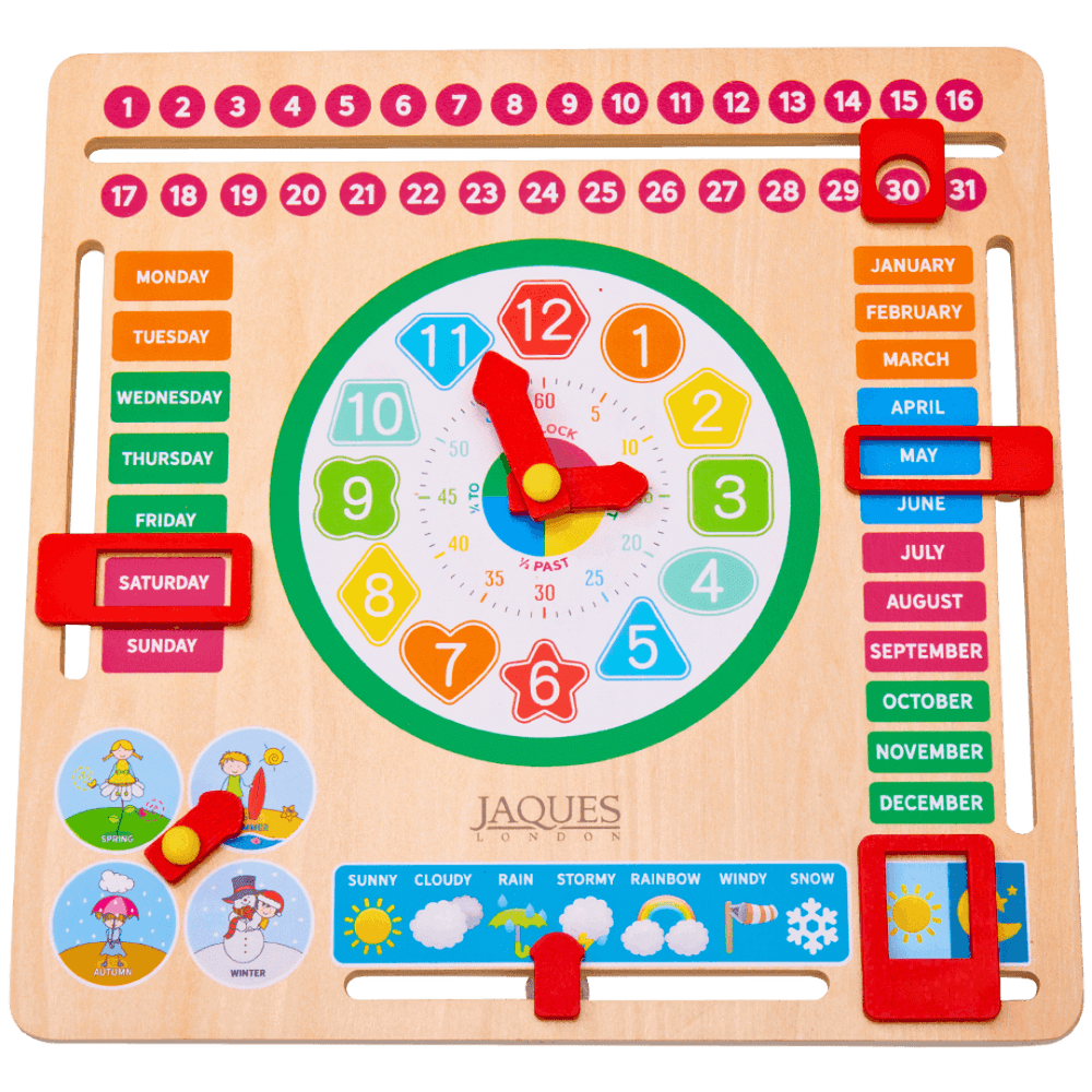 Children's educational wooden shop calendar clock toy