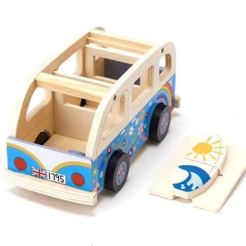 Kids wooden campervan with removeable lid and surfboard attachment 