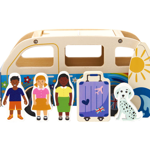Kids wooden campervan with surfboard and luggage 