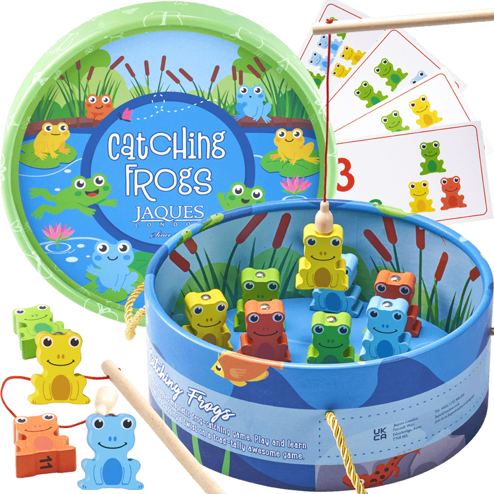 Fishing game set with colourful frogs and rods 