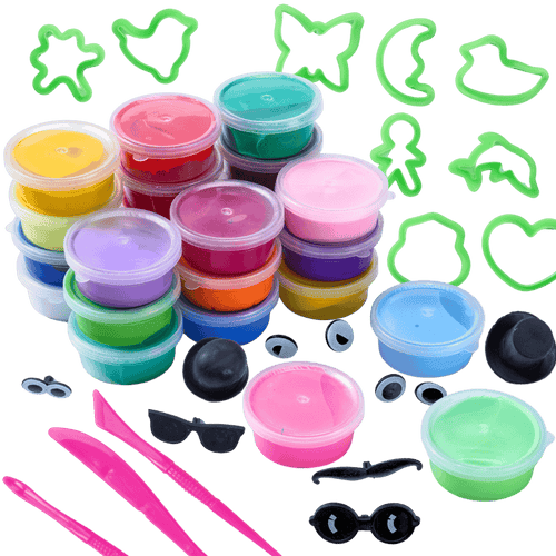 Set of colourful plastic containers with lids, tools, and decorative items [fill]