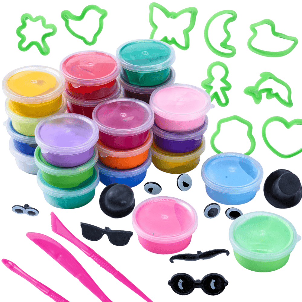 Set of colourful plastic containers with lids, tools, and decorative items 