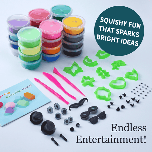 Set of colourful clay containers, tools, and accessories 