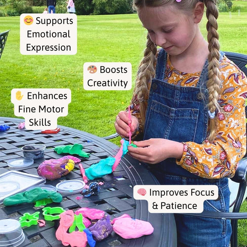 Child playing with colourful play dough at a table outdoors, with text highlighting benefits. 