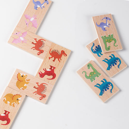  Close up shot of wooden Dinosaur Dominoes