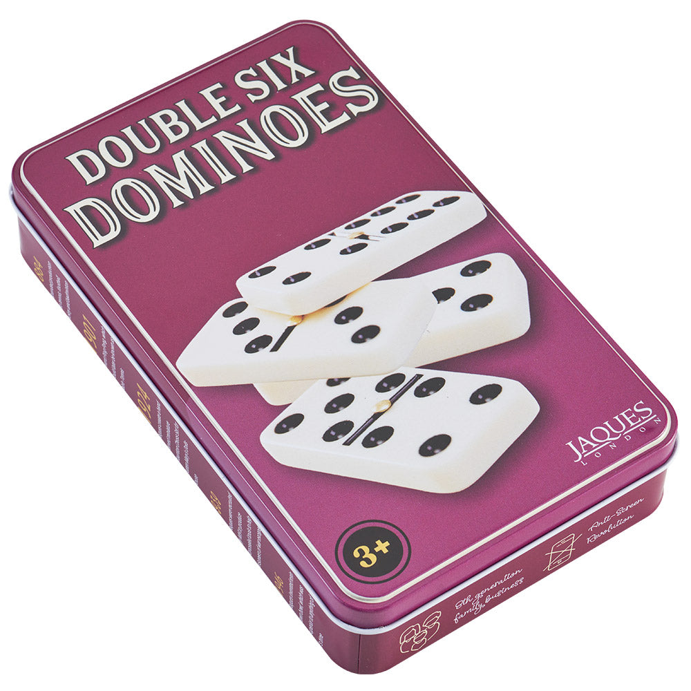 Double six dominoes in storage tin  