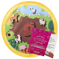 Farm yard stories with wooden play pieces