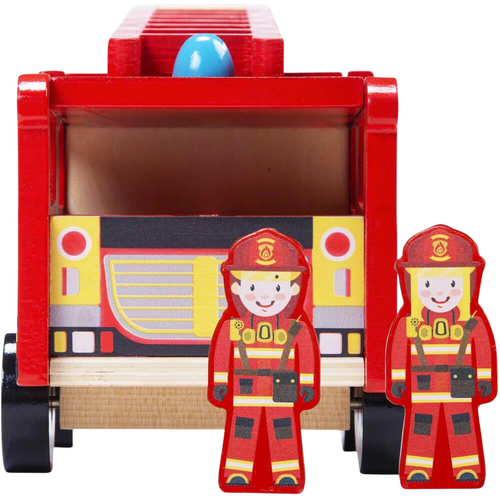 Front on view of the fire engine with 2 fire fighters stood in front