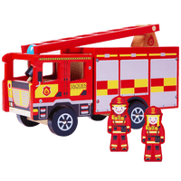 Fire engine with 2 little fire fighters standing along side