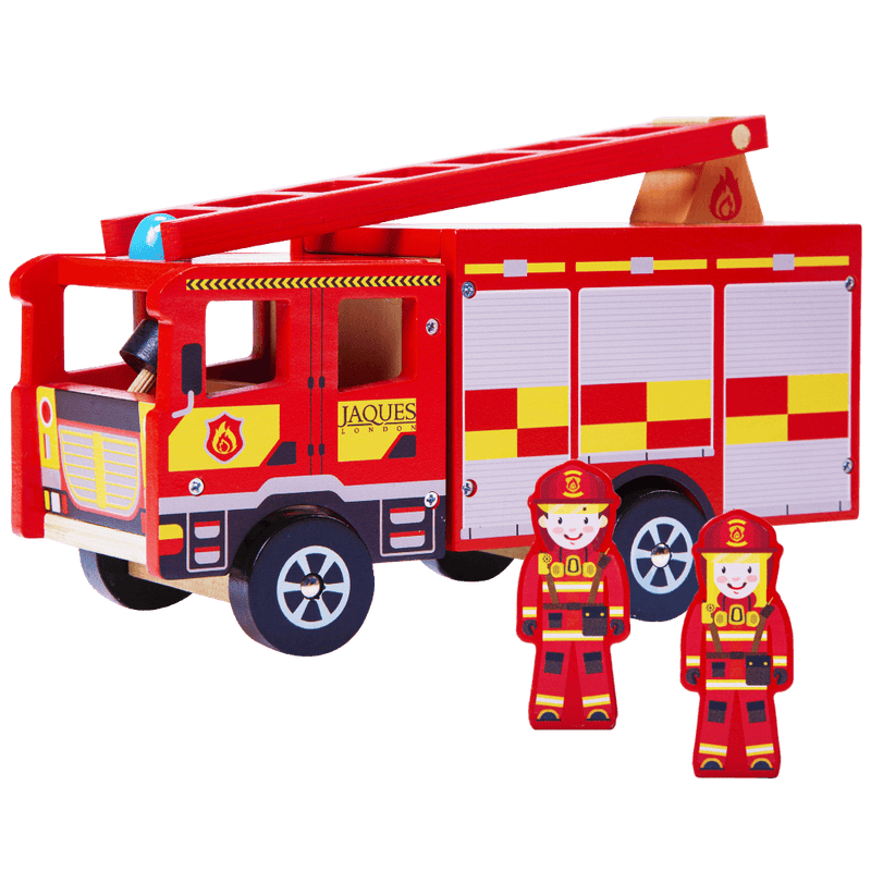Fire engine with 2 little fire fighters standing along side