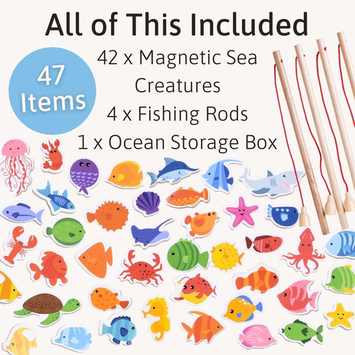 Set of magnetic sea creatures with fishing rods and storage box on a white background 