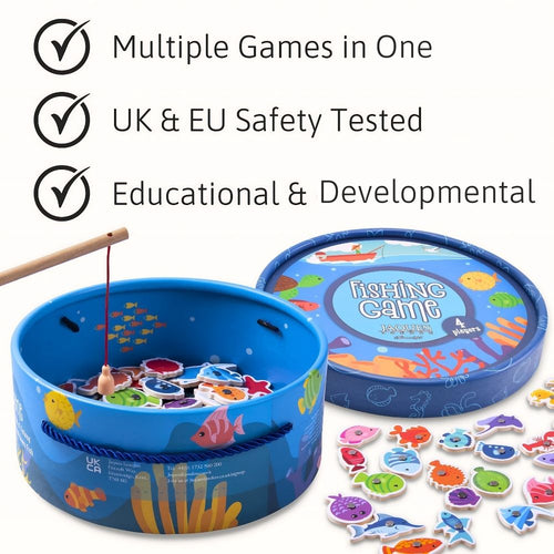 Children's fishing game set with magnetic fish and rod, featuring safety and educational attributes. 