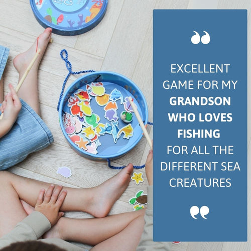 Children playing with a fishing game set on a wooden floor, with text praising its suitability for a grandson who loves fishing. 