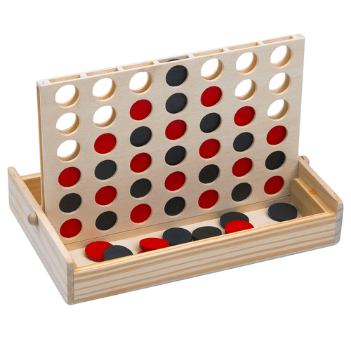 Connect four board with counters in on white background