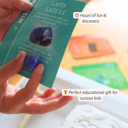 Hand holding a blue stone with packaging labeled 'Lapis Lazuli' against a colorful background. 