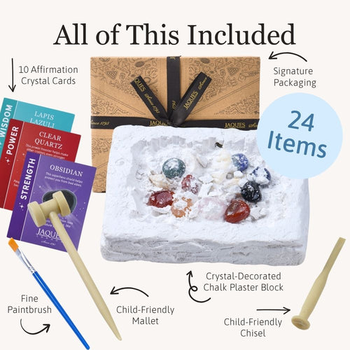 Crystal kit with crystal cards, mallet, chisel, and paintbrush, labeled 'All of This Included' with product details. 