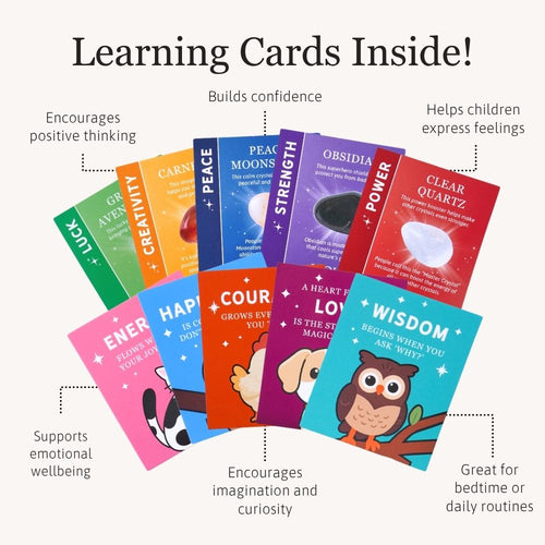 Set of educational cards with various topics and benefits on a white background 