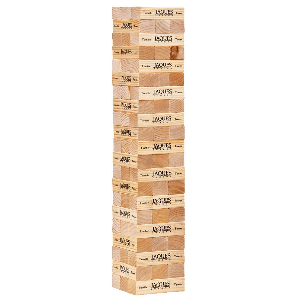 Wooden tumble tower game that grows to 5 feet tall