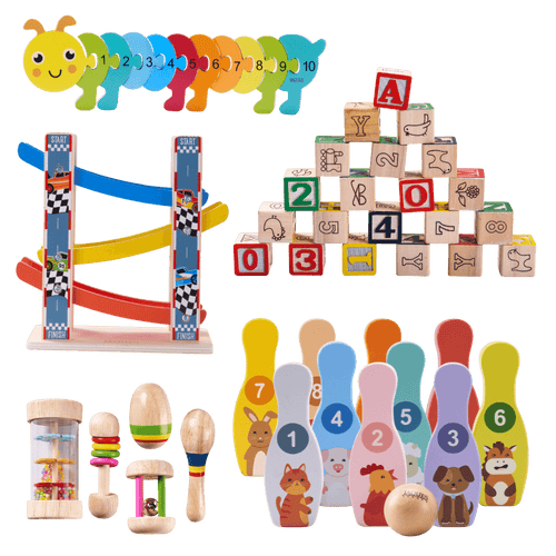 Collection of educational toys including a caterpillar with numbers, blocks with letters and numbers, a marble run, and a bowling set on a black background. [fill]