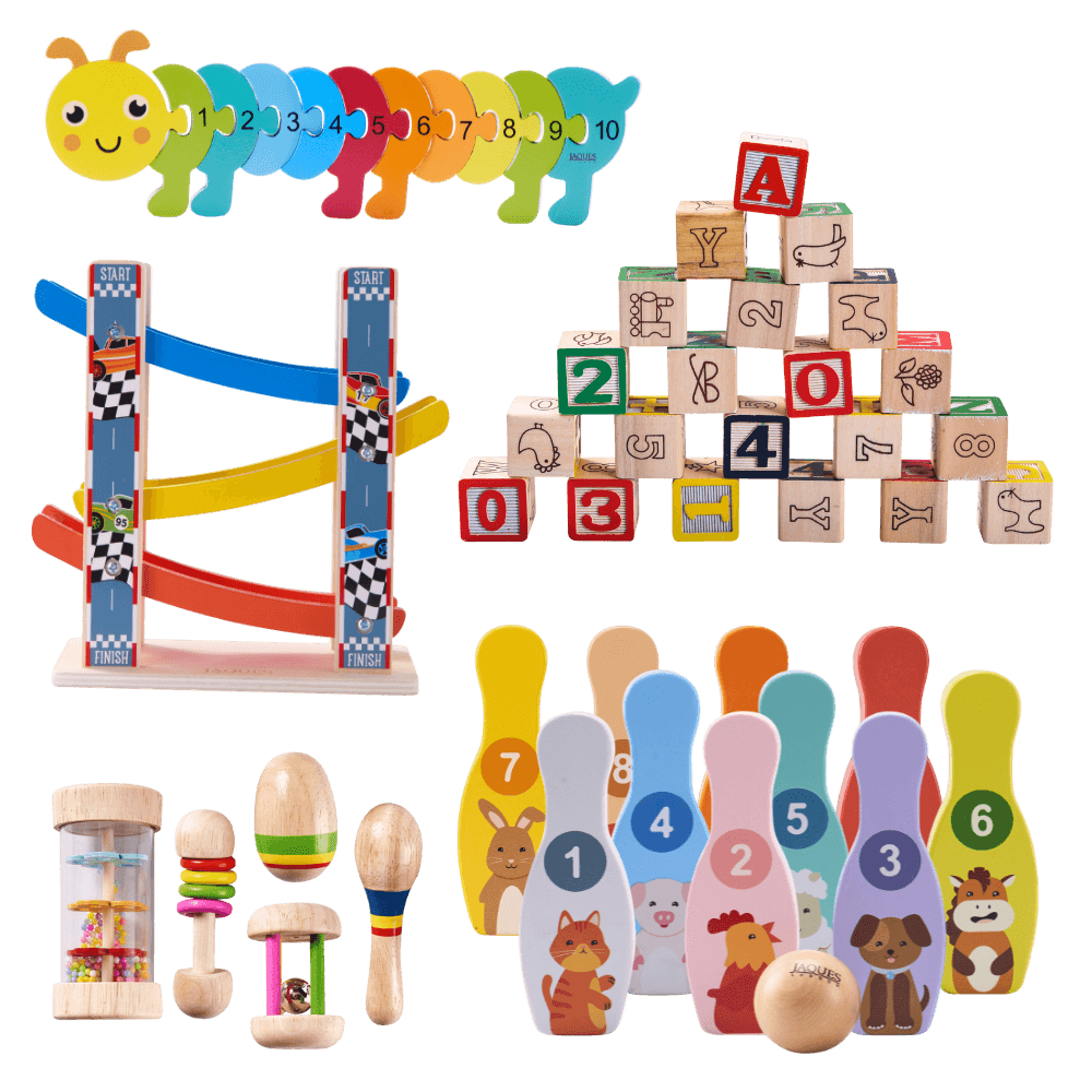 Collection of educational toys including a caterpillar with numbers, blocks with letters and numbers, a marble run, and a bowling set on a black background. 