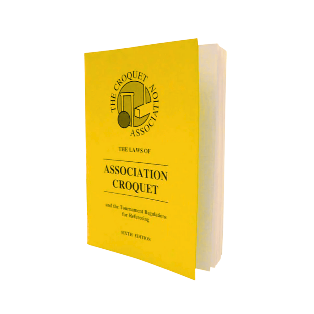 Yellow book titled 'The Laws of Association Croquet' on a white background 