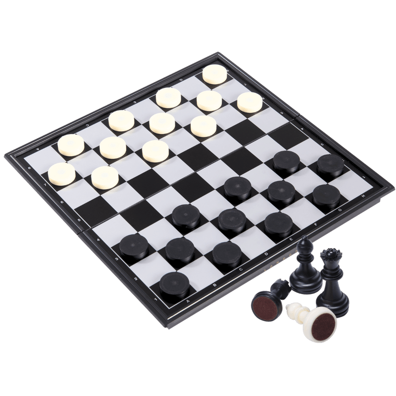 Folding magnetic travel chess and draughts set in black and white