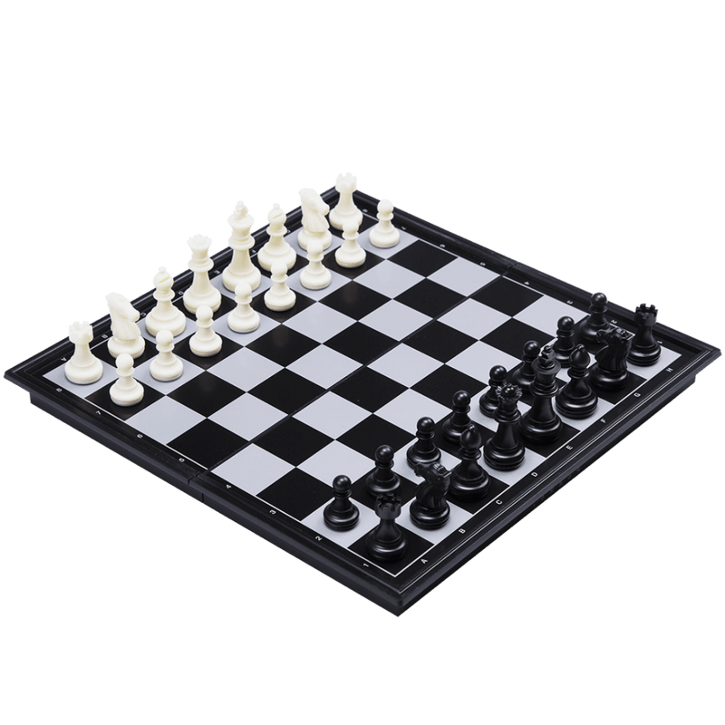 Folding black and white magnetic travel chess set