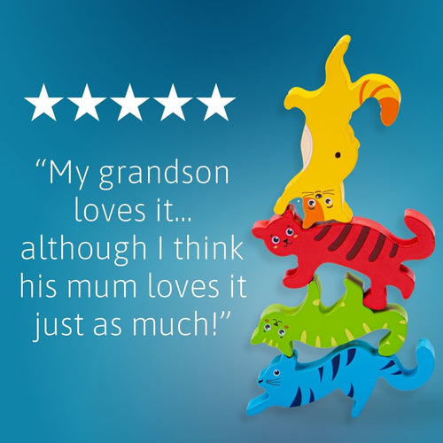 Colourful toy animals stacked on top of each other with a five-star rating and customer review on a blue background.  