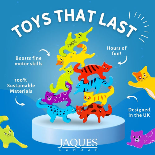 Colourful animal toys stacked on a blue background with Jaques London branding. 