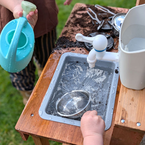 Children's wooden mud kitchen with sink and tap 