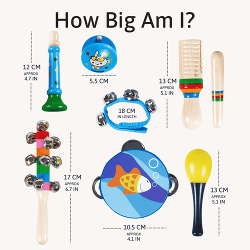 Set of colourful children's musical instruments with size measurements on a white background 