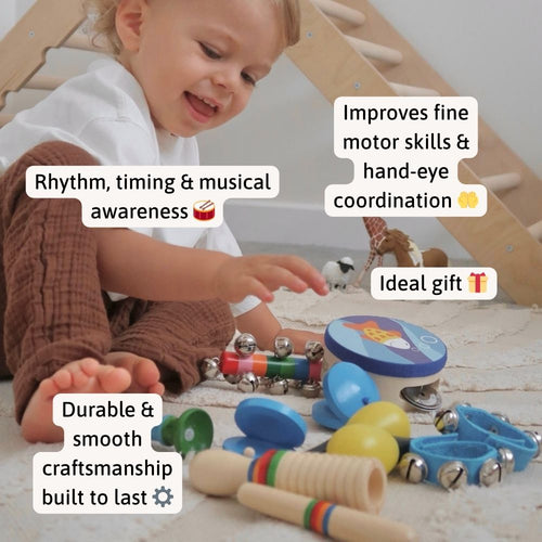 Child playing with musical toys on a carpeted floor, with text highlighting benefits.